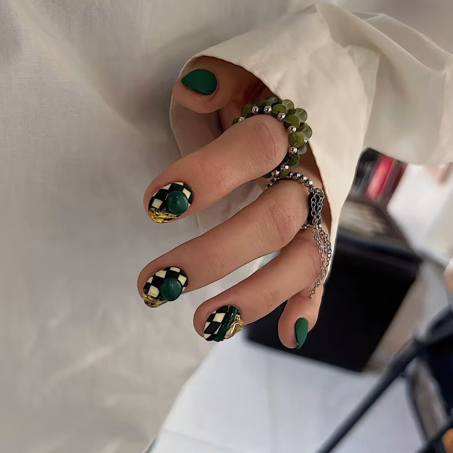 Green White Hand-worn Armor Chessboard Grid Dark Green Matte Nail Stickers